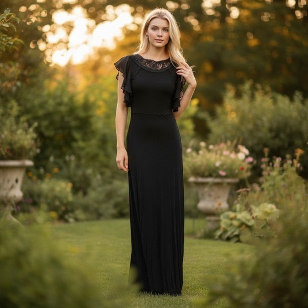 Prom Whimsigoth Black Wedding Vampire FP Lace V-Back Maxi Dress XS Romantic